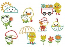 Stickserie Frühling ist da - Ente & Frosch